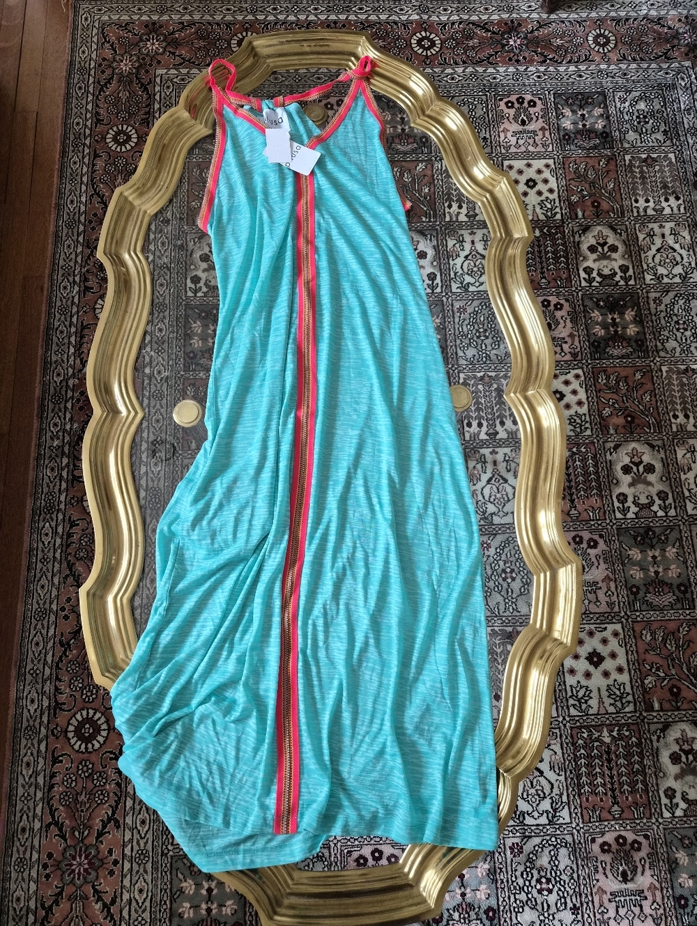 Pitusa Teal Halter Maxi with Hot Pink Trim